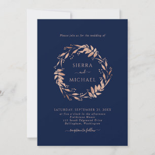 Invitation Rose simple Gold Foliing Marine Mariage bleu