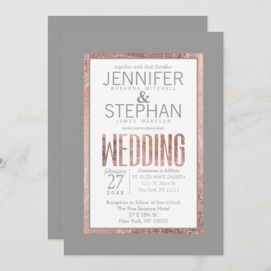 Invitation Rose simple Gold Frame Ardoise gris Mariage (Devant / Derrière)