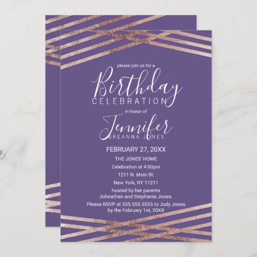Invitation Rose simple Linet or violet fête d'anniversaire (Devant / Derrière)