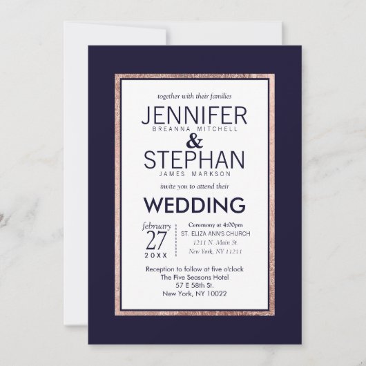 Invitation Rose simple Mariage bleu de marine (Devant)