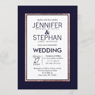 Invitation Rose simple Mariage bleu de marine