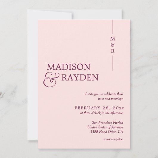 Invitation Rose simple moderne Monogramme rose Mariage photo (Devant)
