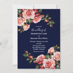 Invitation Rose sombre et rouge roses bleu marine mariage