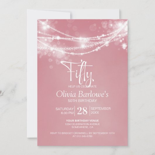 Invitation Rose String Lights 50e fête d'anniversaire (Devant)