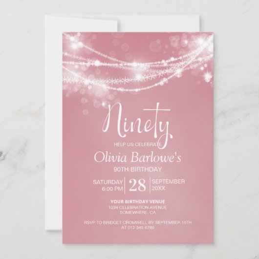 Invitation Rose String Lights 90e fête d'anniversaire (Devant)