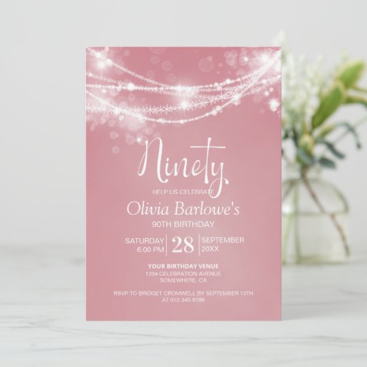 Invitation Rose String Lights 90e fête d'anniversaire (Debout devant)
