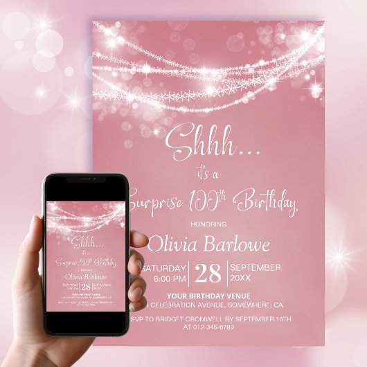Invitation Rose String Lights Surprise 100e fête d'anniversai