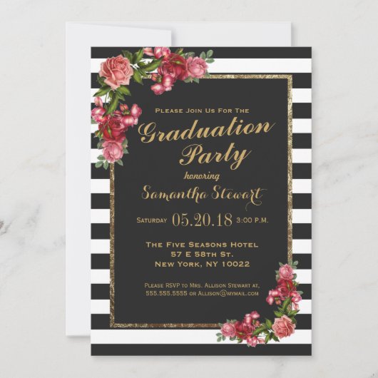 Invitation rose Stripes et Gold Graduation Party (Devant)