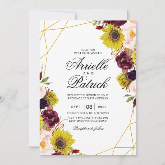 Invitation Rose Sunflower Burgundy Red Blush Peony (Devant)
