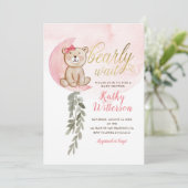 Invitation Rose sur la lune Ours Baby shower fille (Debout devant)