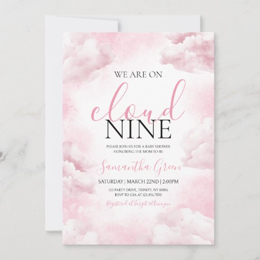 Invitation Rose sur nuage 9 Baby shower (Devant)