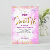 Invitation Rose Sweet 16 Aquarelle Or Anniversaire Moderne Bo (Debout devant)