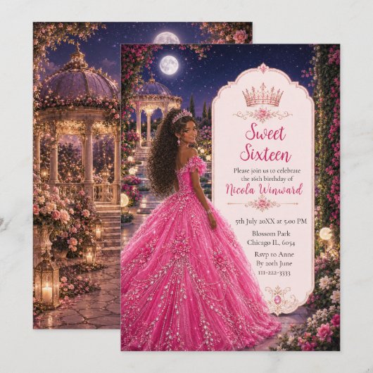 Invitation Rose Sweet 16 Royale Princesse (Devant / Derrière)