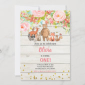Invitation Rose Sweet Rustic Woodland Animal 1er anniversaire (Devant)