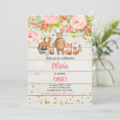 Invitation Rose Sweet Rustic Woodland Animal 1er anniversaire (Debout devant)