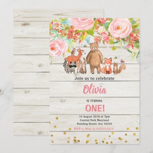 Invitation Rose Sweet Rustic Woodland Animal 1er anniversaire (Devant / Derrière)