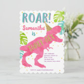 Invitation Rose, T-rex, Dinosaure, Fille, 3e anniversaire (Debout devant)