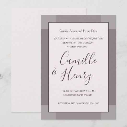 Invitation Rose taupe bleu gris lilas élégant mariage moderne (Devant / Derrière)