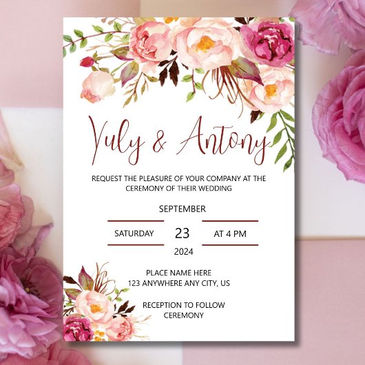 Invitation Rose template Invitación para boda floral acuarela