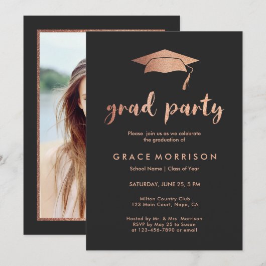 Invitation Rose tendance Gold Graduation Party Photo Invitati (Devant / Derrière)