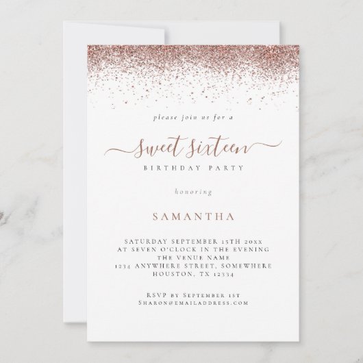 Invitation Rose tendance Parties scintillant or Script Sweet (Devant)