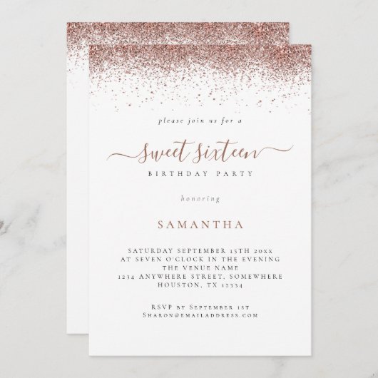 Invitation Rose tendance Parties scintillant or Script Sweet (Devant / Derrière)
