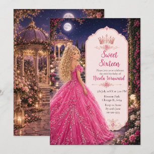 Invitation Rose tendre sous la lune pour une princesse de 16 