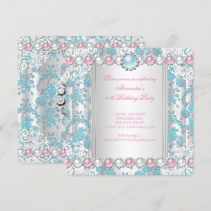 Invitation Rose Thé Damassé Blanc Rose Perle Fête d'anniversa