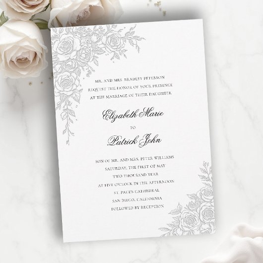Invitation Rose Theme Graceful White Formal Classic Wedding