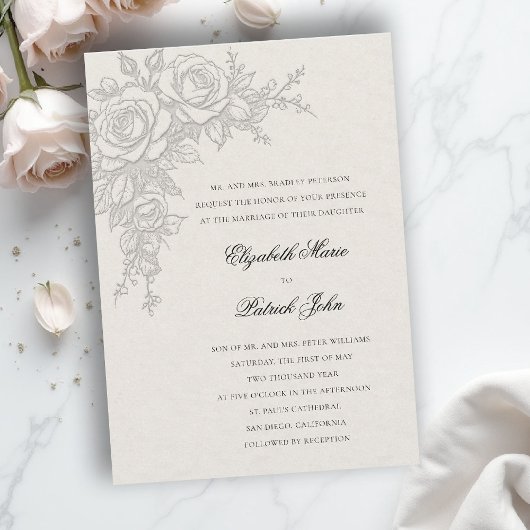 Invitation Rose Theme Timeless Ecru Formal Classic Wedding