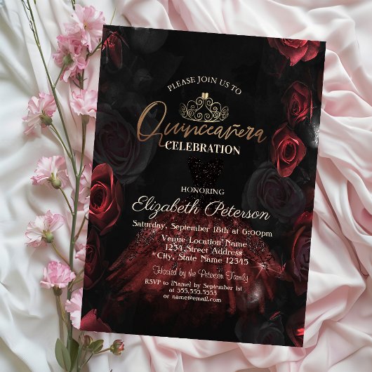Invitation Rose, Tiara, Chic Roses Rouges Quinceañera