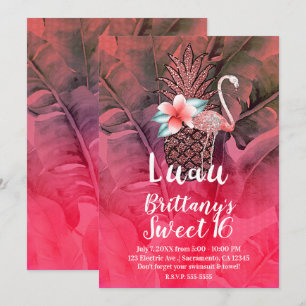 Invitation Rose Tropical Paillettes Ananas Luau Douce 16