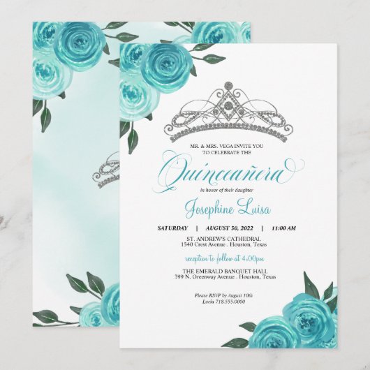 Invitation Rose turquoise Argent Tiara Quinceañera Anniversai (Devant / Derrière)