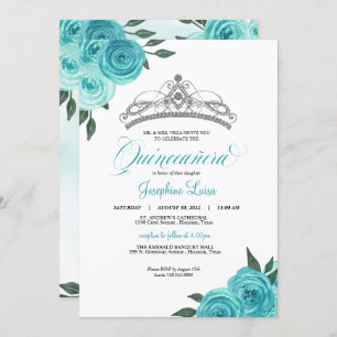 Invitation Rose turquoise Argent Tiara Quinceañera Anniversai