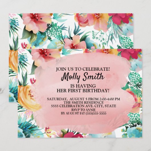 Invitation Rose Turquoise Fleurs Jaunes Fille Premier anniver (Devant / Derrière)