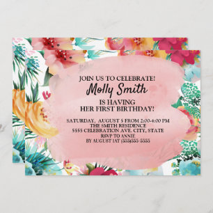 Invitation Rose Turquoise Fleurs Jaunes Fille Premier anniver