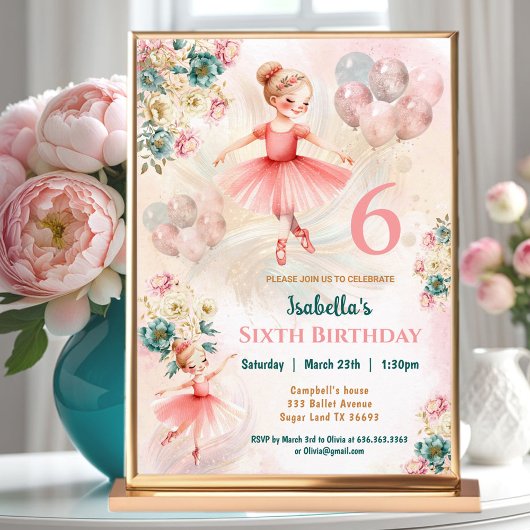 Invitation Rose Turquoise Floral Blond Ballerina Fille Annive