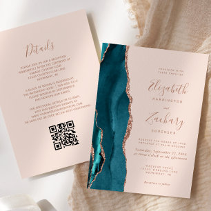Invitation Rose turquoise Gold Agate Blush Pink QR Code Maria