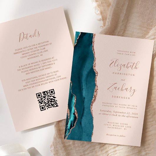 Invitation Rose turquoise Gold Agate Blush Pink QR Code Maria