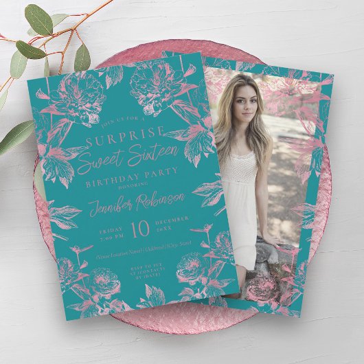 Invitation Rose Turquoise Or Floral SURPRISE Sweet 16