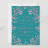 Invitation Rose Turquoise Or Floral SURPRISE Sweet 16 (Devant)