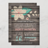 Invitation Rose & Turquoise; Rustic Wood Graduation Party (Devant / Derrière)