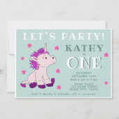 Invitation Rose Unicorn Stars Un 1er anniversaire fête (Devant)