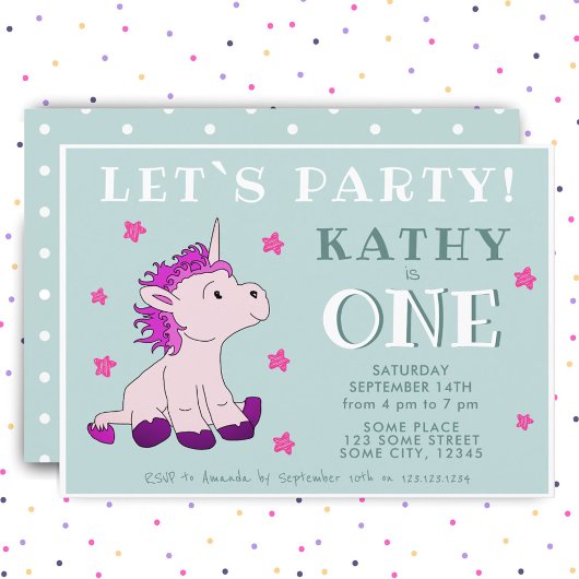 Invitation Rose Unicorn Stars Un 1er anniversaire fête