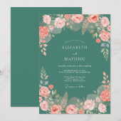 Invitation Rose Verdoyante Sarcelle Mariage (Devant / Derrière)