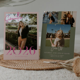 Invitation Rose Vert 2026 Coquette Noeud Photo Graduation