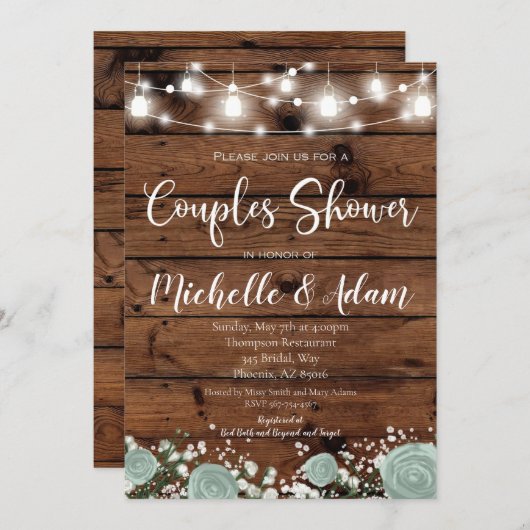 Invitation Rose vert Couples Douche rustique Pays (Devant / Derrière)