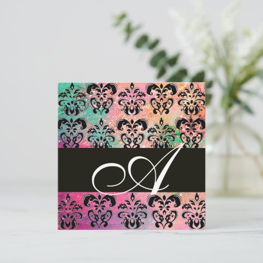 Invitation ROSE VERT FUCHSIA NOIR DAMASK MONOGRAM, blanc (Debout devant)