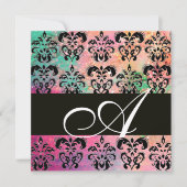 Invitation ROSE VERT FUCHSIA NOIR DAMASK MONOGRAM, blanc (Devant)