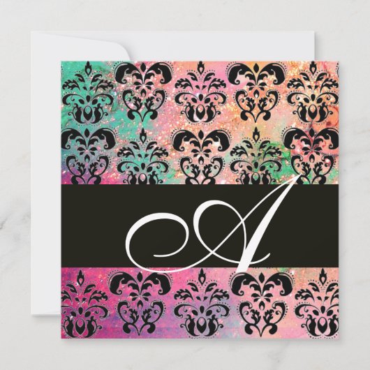 Invitation ROSE VERT FUCHSIA NOIR DAMASK MONOGRAM, blanc (Devant)